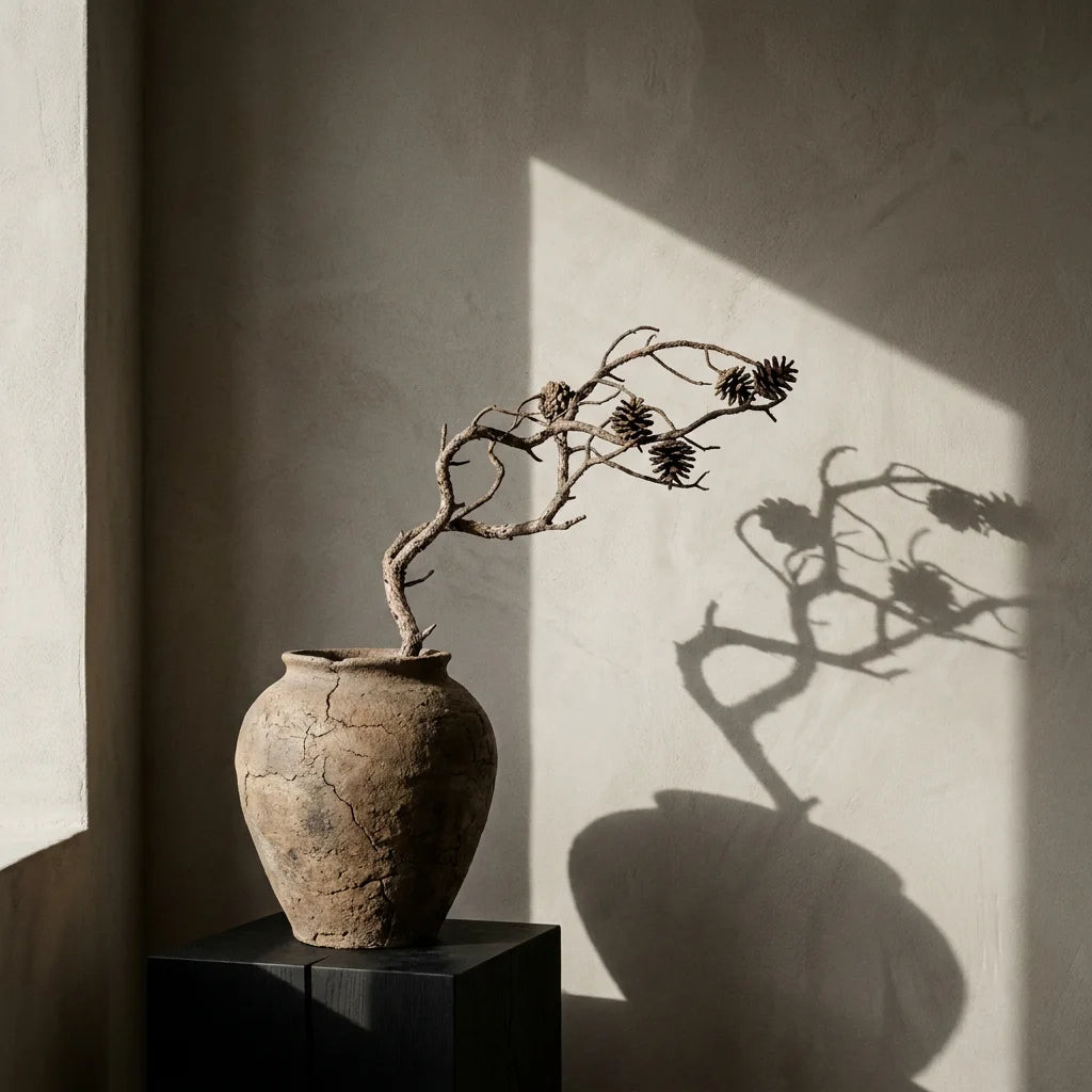 A large rough-textured Solfatara unglazed ceramic vase holding a single twisted dry pine branch on a matte-black oak block, casting a bold graphic shadow on a warm-grey plaster wall
