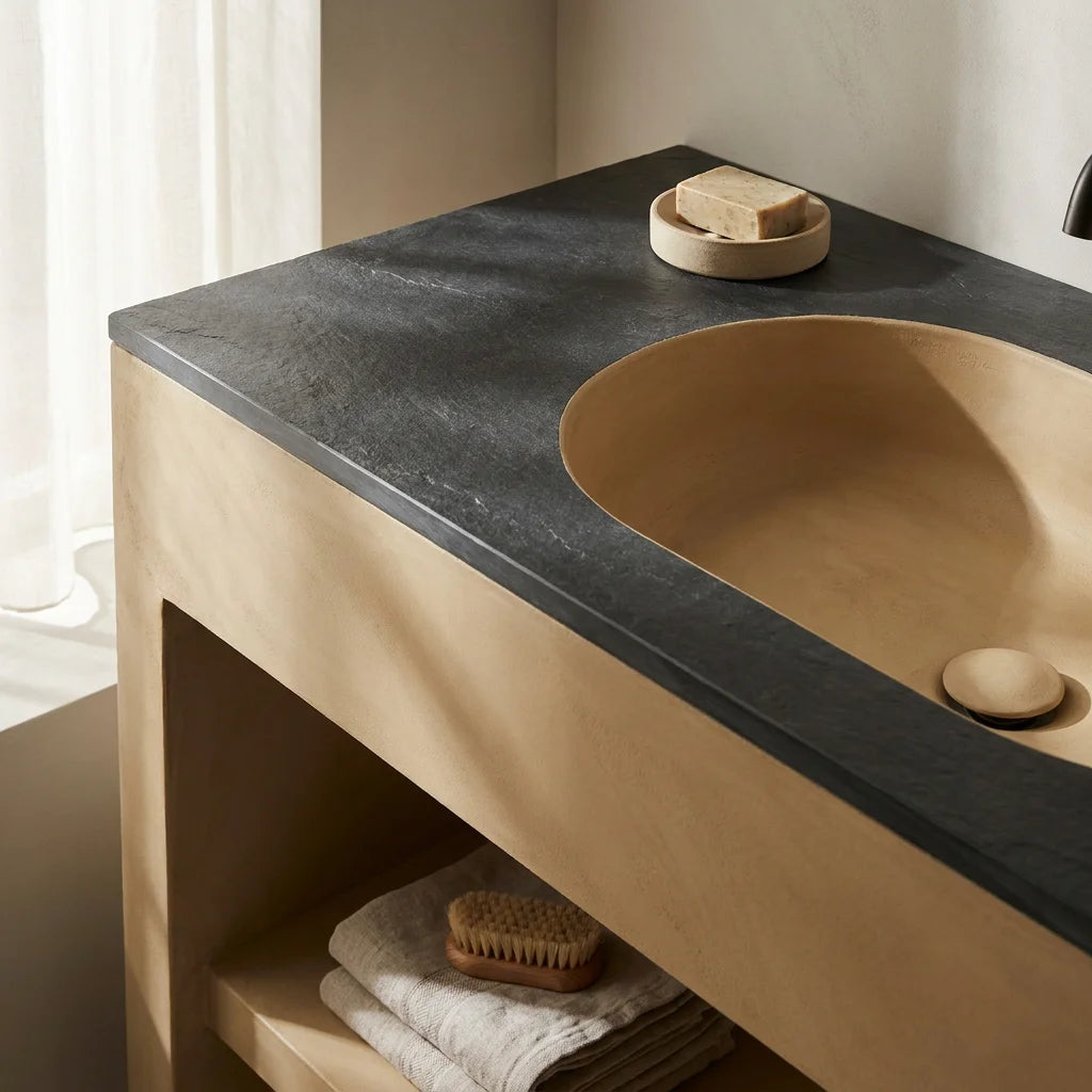 A seamless custom-built monolithic curved plaster sink basin in warm sand-ochre tone resting on a rough dark slate vanity top next to an unglazed Borealforest ceramic soap dish