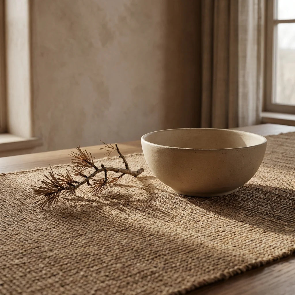 An unglazed Borealforest ceramic bowl resting on a heavily textured rough-woven raw jute runner next to a cedar twig against a soft raw clay plaster wall