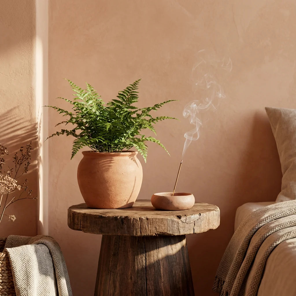 An unglazed raw terra-cotta clay pot containing a green fern next to a matching clay incense dish with a thin trail of smoke rising, resting on a solid cedar pedestal in front of a soft clay plaster wall