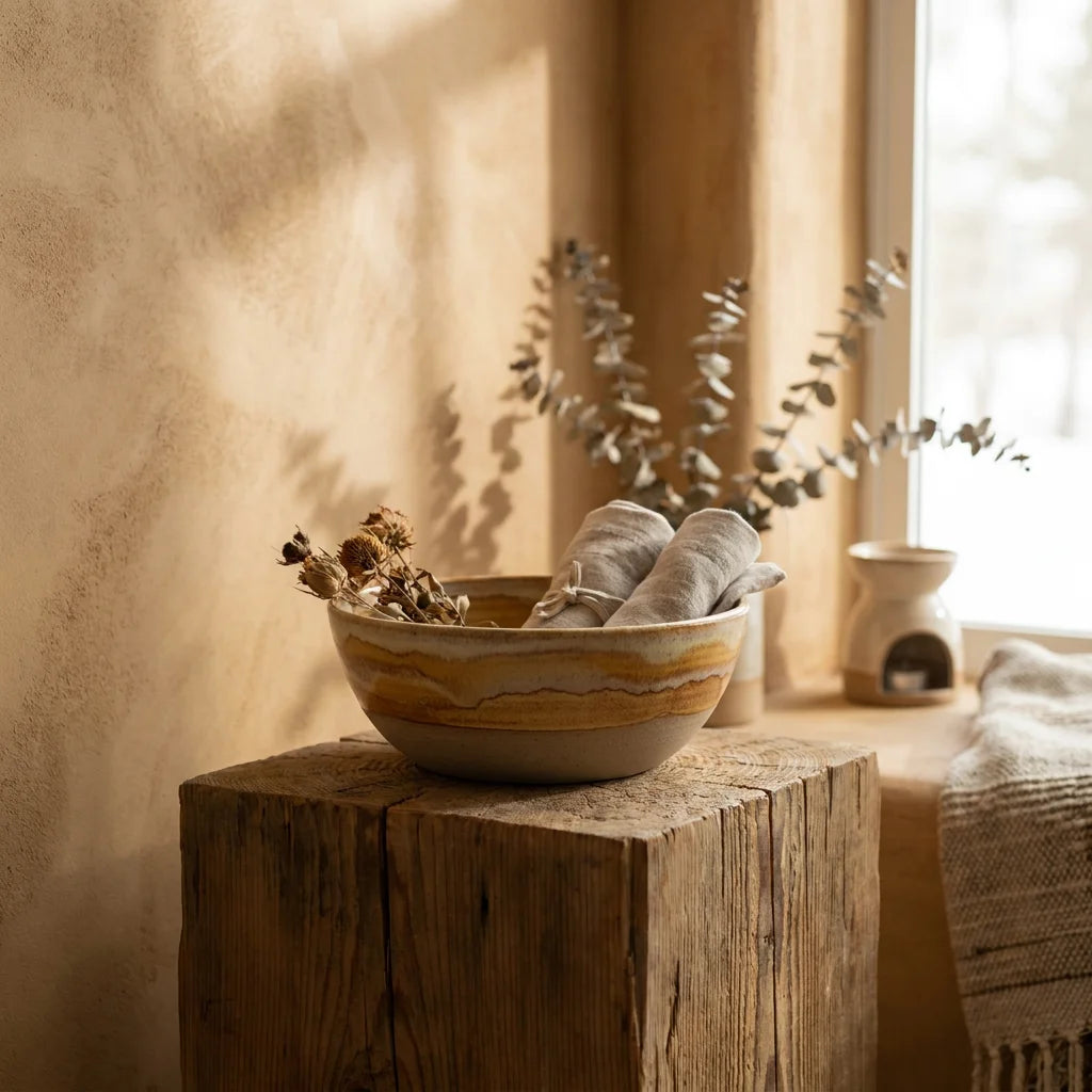 An unglazed Borealforest ceramic bowl with ochre and saffron sediment glaze resting on a solid cedar pedestal block in front of a warm sunset ochre clay plaster wall