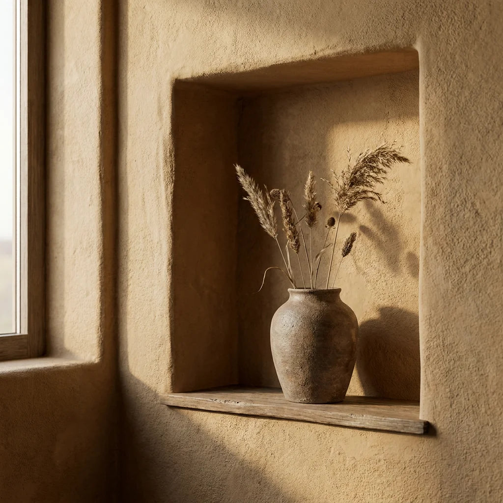 An unglazed sand-tempered Borealforest ceramic vase holding dry grasses inside a deeply recessed shelf of a textured clay plaster wall in warm sand-ochre tone