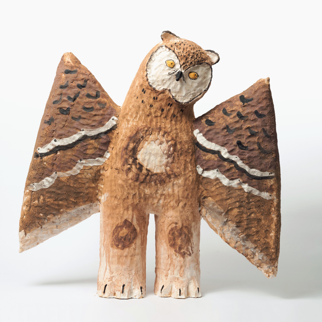Wing-Spread Patterned Human-Legged Young Owl - Handmade Coarse Pottery