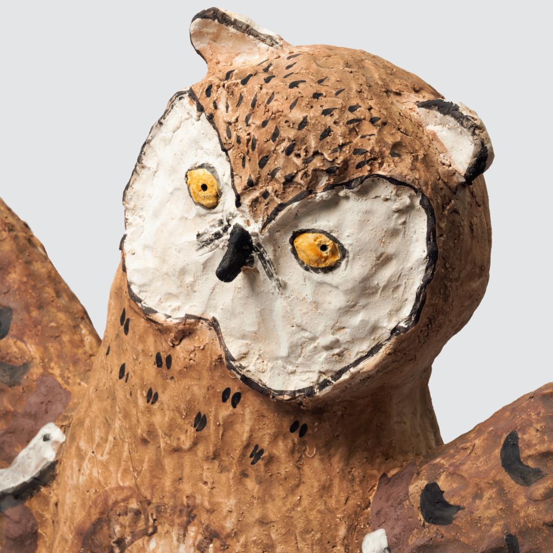 Wing-Spread Patterned Human-Legged Young Owl - Handmade Coarse Pottery