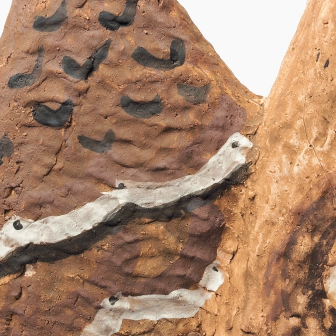 Wing-Spread Patterned Human-Legged Young Owl - Handmade Coarse Pottery