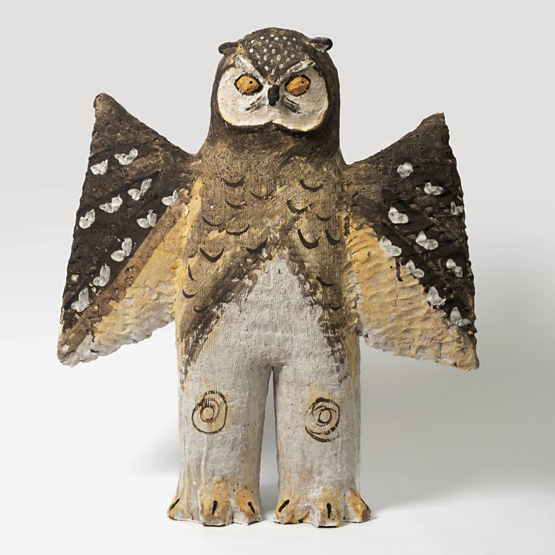 Spreading-Wing Swirl-Patterned Young Owl with White Dots - Handmade Coarse Pottery