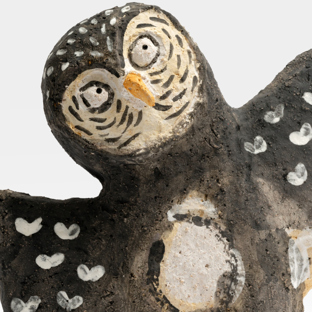 Heart-Patterned Tilting Owl - Handmade Coarse Pottery