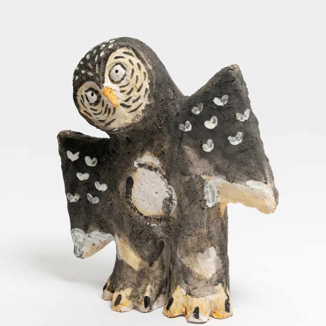 Heart-Patterned Tilting Owl - Handmade Coarse Pottery