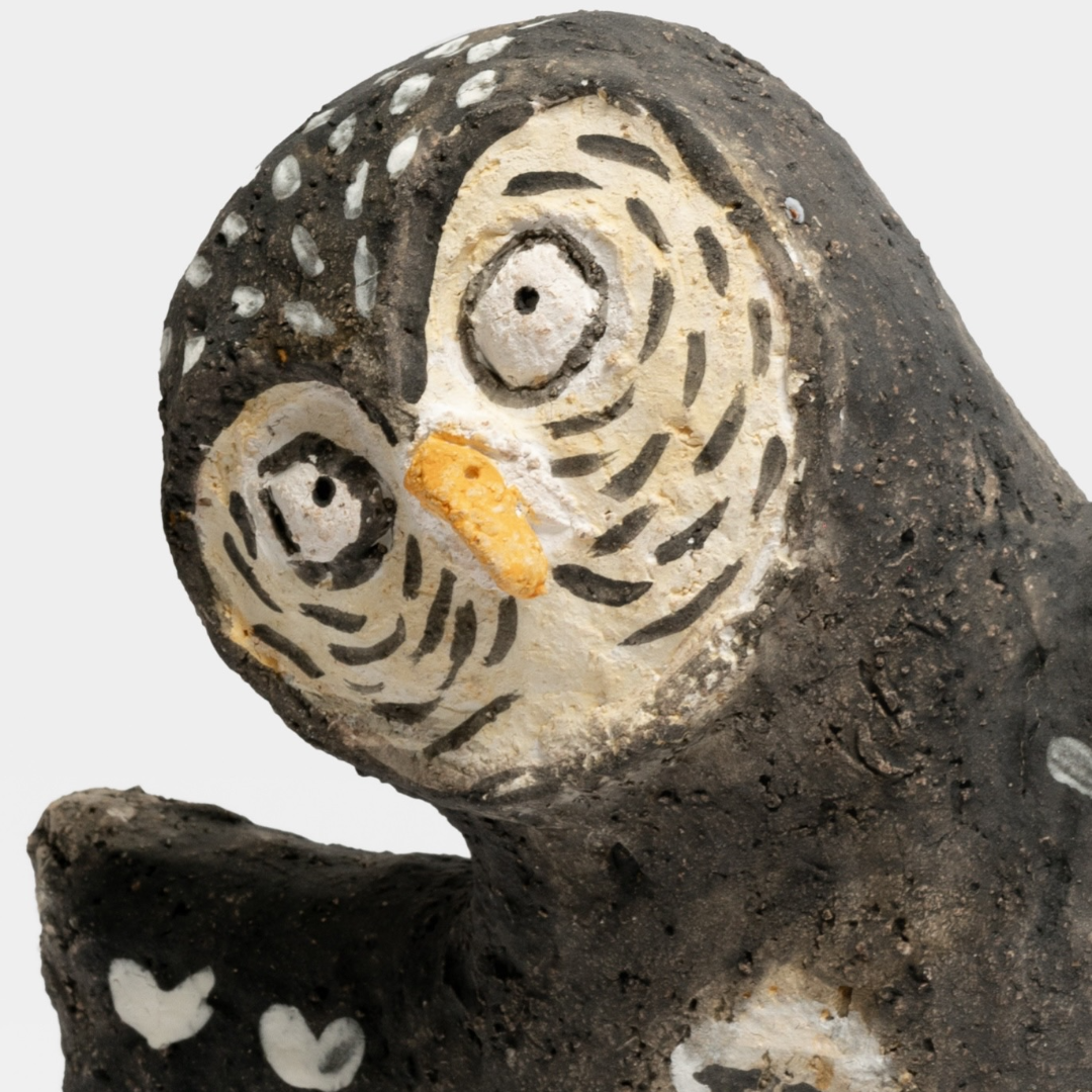 Heart-Patterned Tilting Owl - Handmade Coarse Pottery