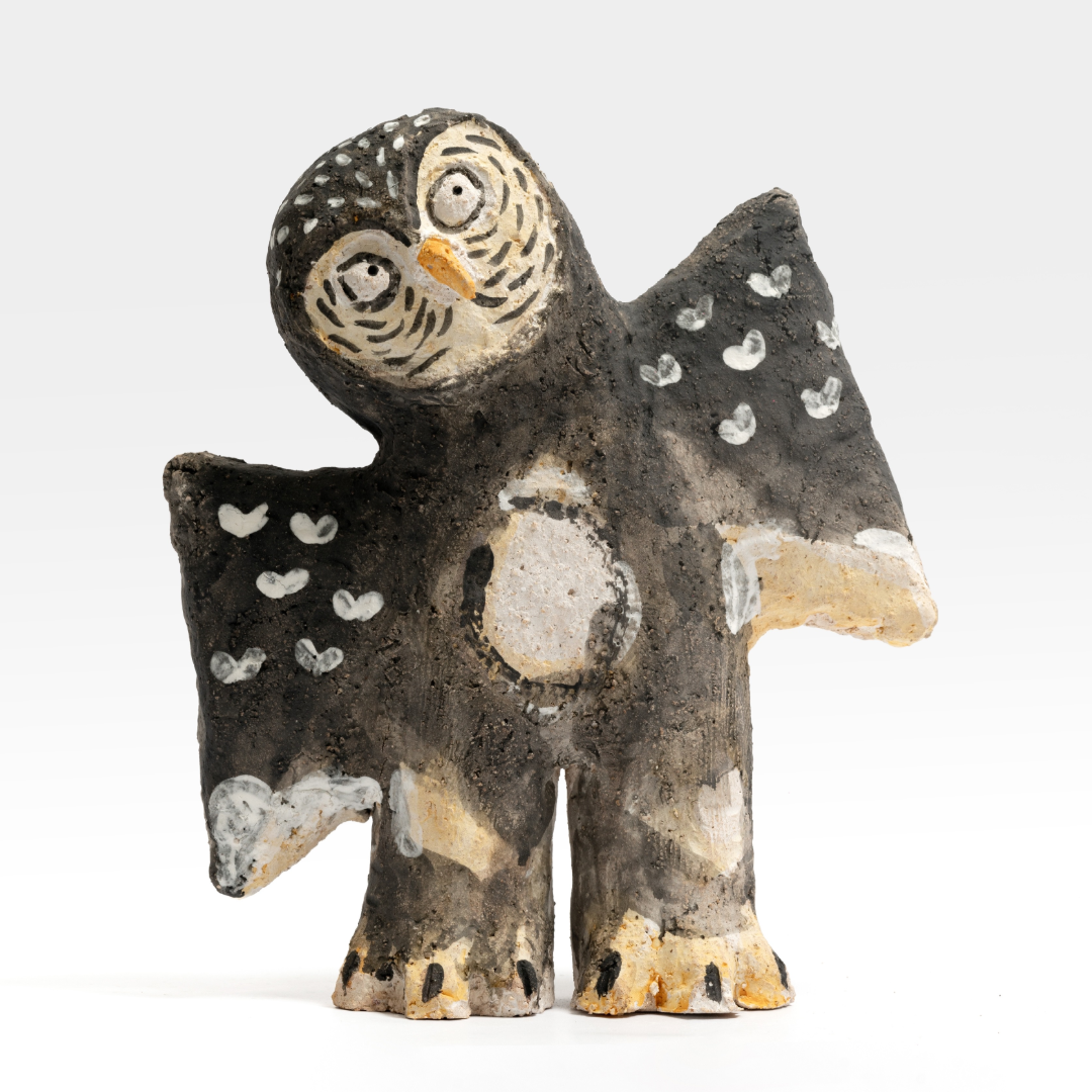 Heart-Patterned Tilting Owl - Handmade Coarse Pottery