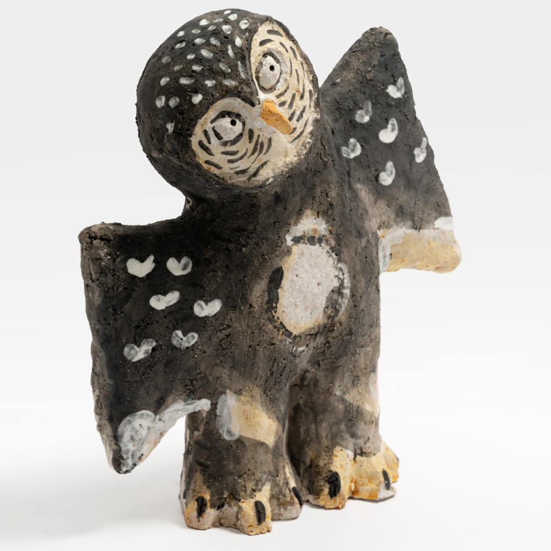 Heart-Patterned Tilting Owl - Handmade Coarse Pottery