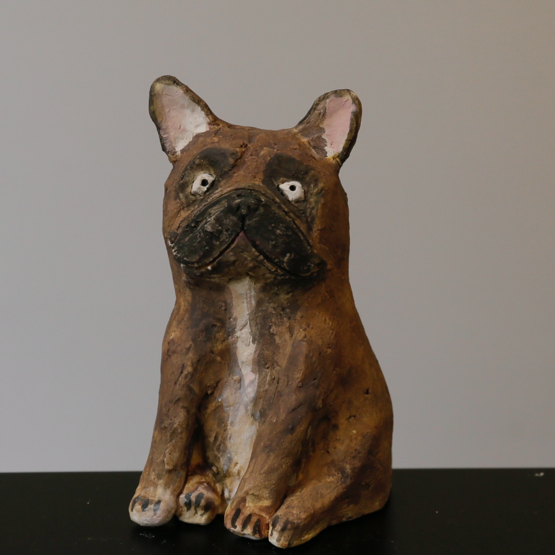 Brown-Striped French Bulldog - Handmade Coarse Pottery