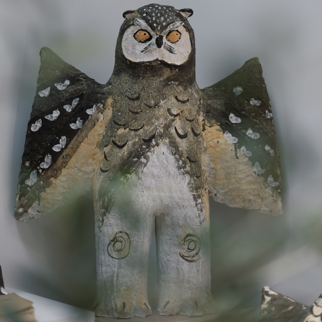 Spreading-Wing Swirl-Patterned Young Owl with White Dots - Handmade Coarse Pottery