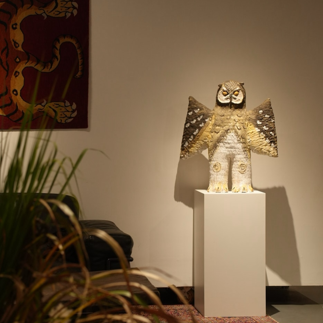 Spreading-Wing Swirl-Patterned Young Owl with White Dots - Handmade Coarse Pottery