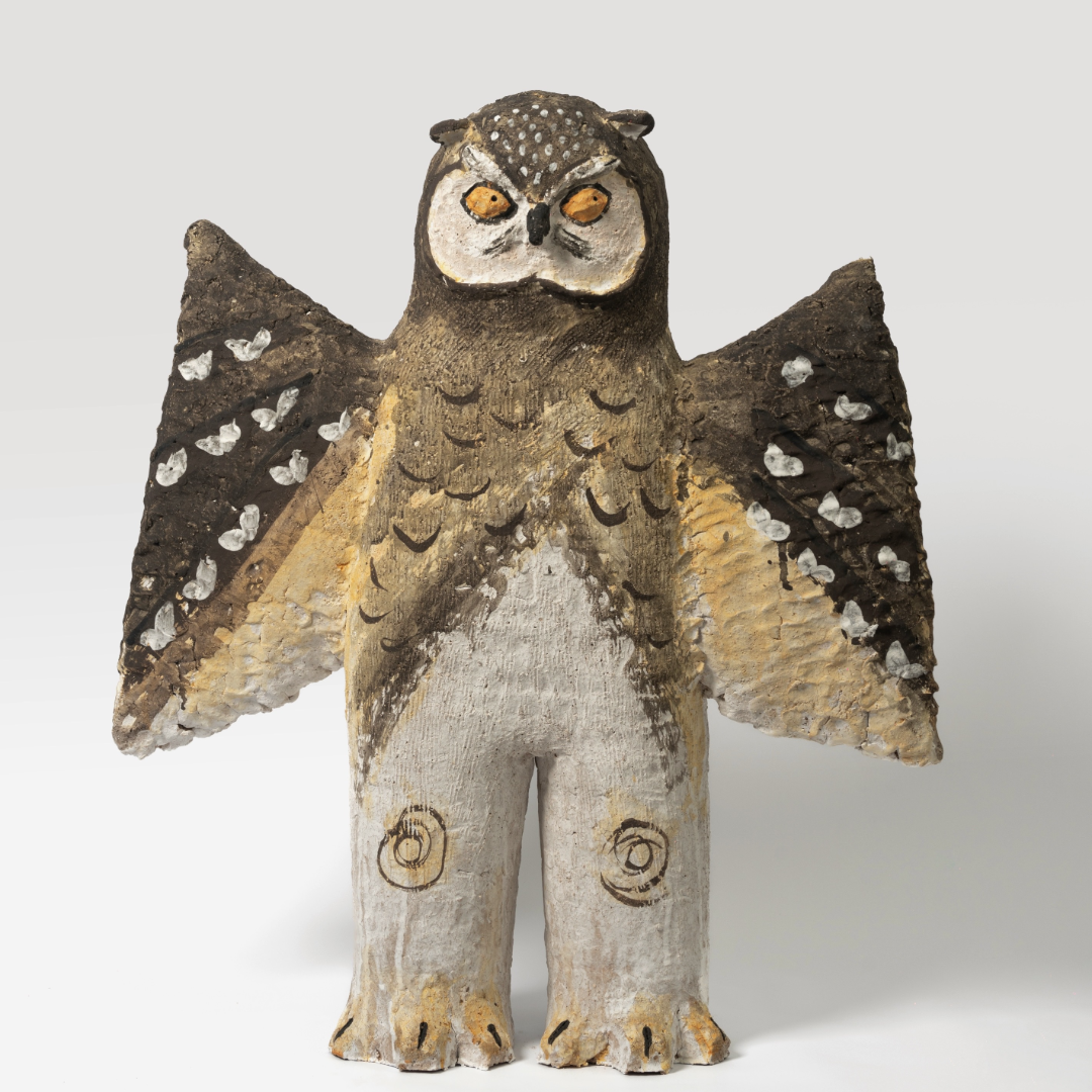 Spreading-Wing Swirl-Patterned Young Owl with White Dots - Handmade Coarse Pottery