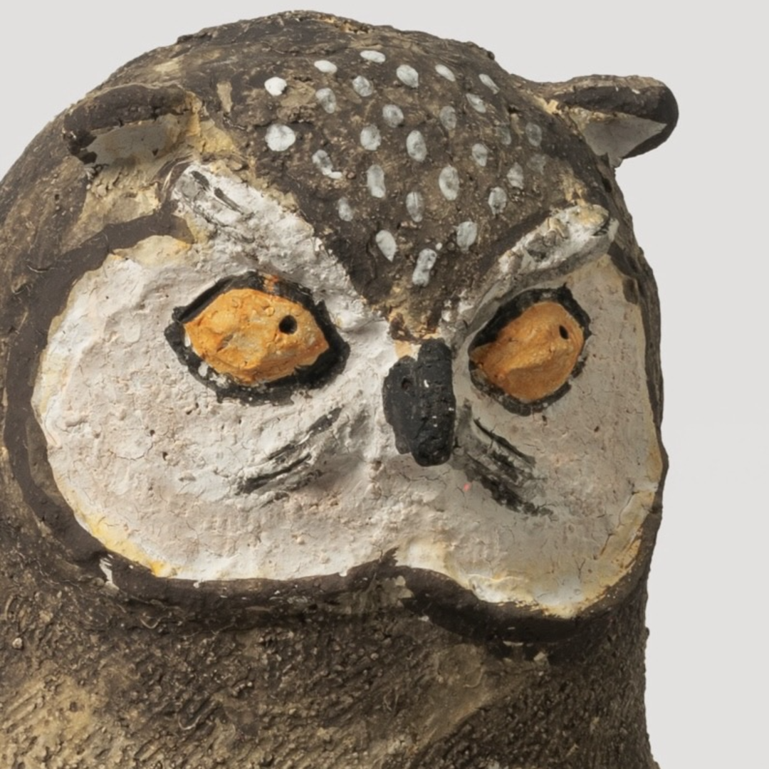 Spreading-Wing Swirl-Patterned Young Owl with White Dots - Handmade Coarse Pottery