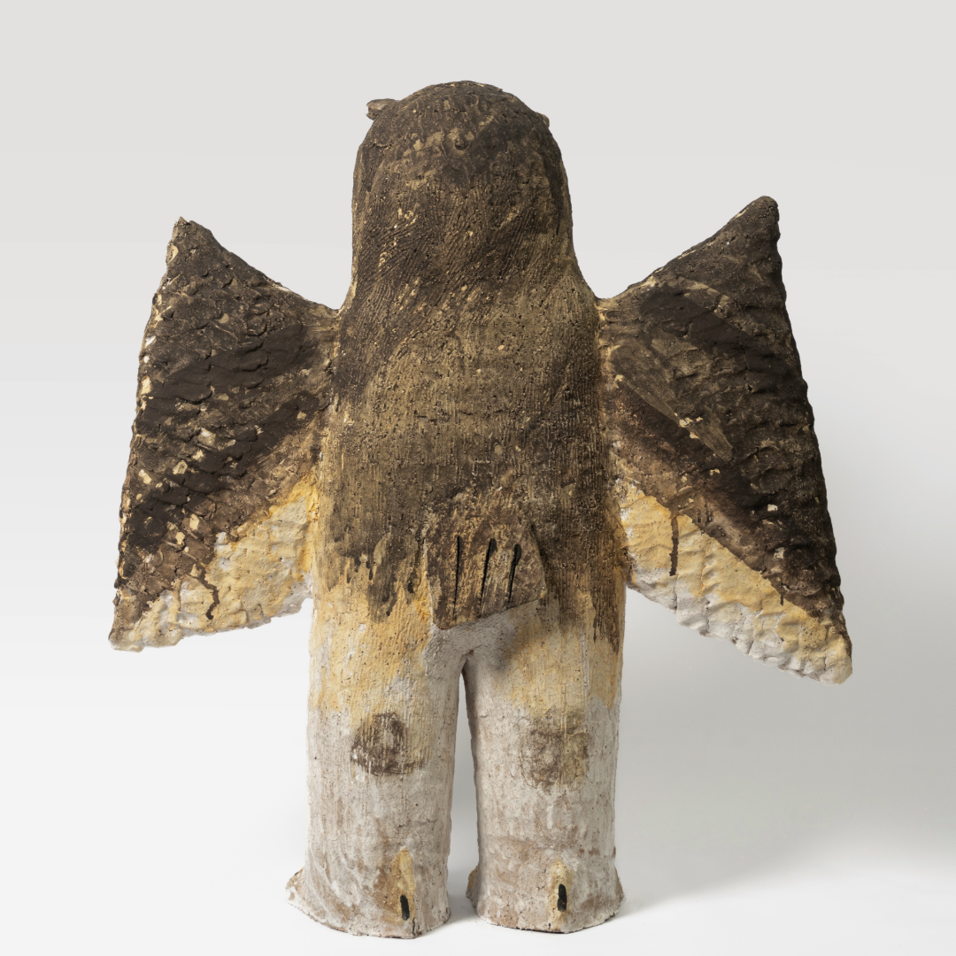 Spreading-Wing Swirl-Patterned Young Owl with White Dots - Handmade Coarse Pottery