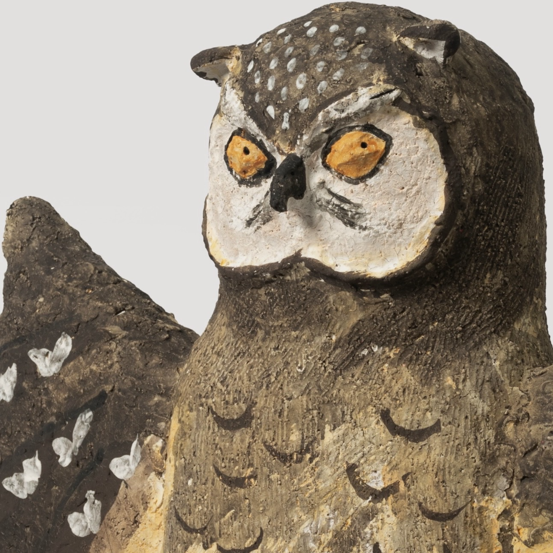 Spreading-Wing Swirl-Patterned Young Owl with White Dots - Handmade Coarse Pottery