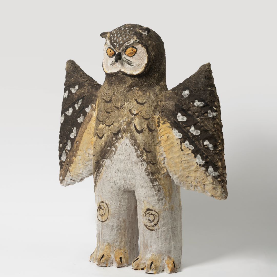 Spreading-Wing Swirl-Patterned Young Owl with White Dots - Handmade Coarse Pottery