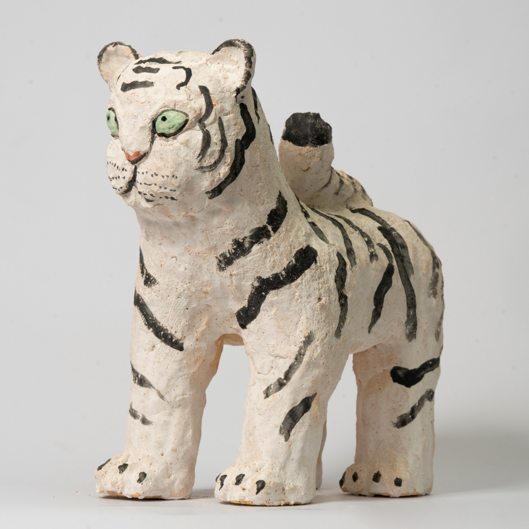Naive White Tiger Ceramic Sculpture - Handmade Sculpture