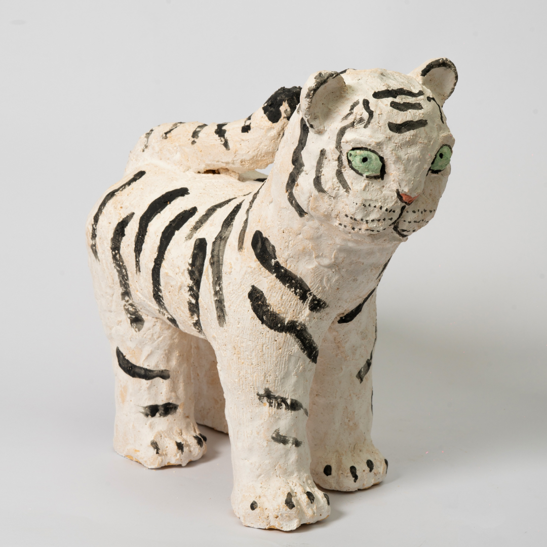 Naive White Tiger Ceramic Sculpture - Handmade Sculpture