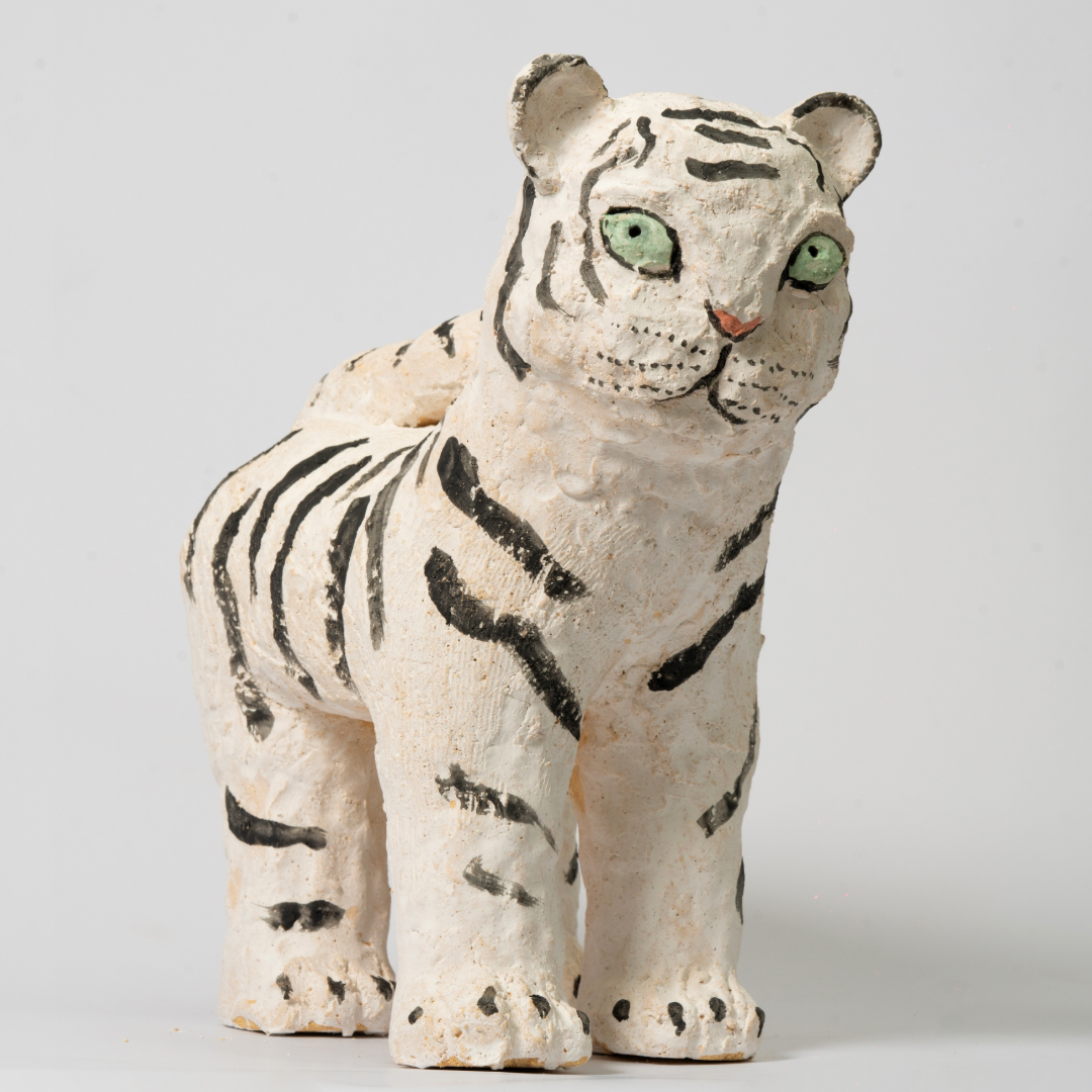 Naive White Tiger Ceramic Sculpture - Handmade Sculpture