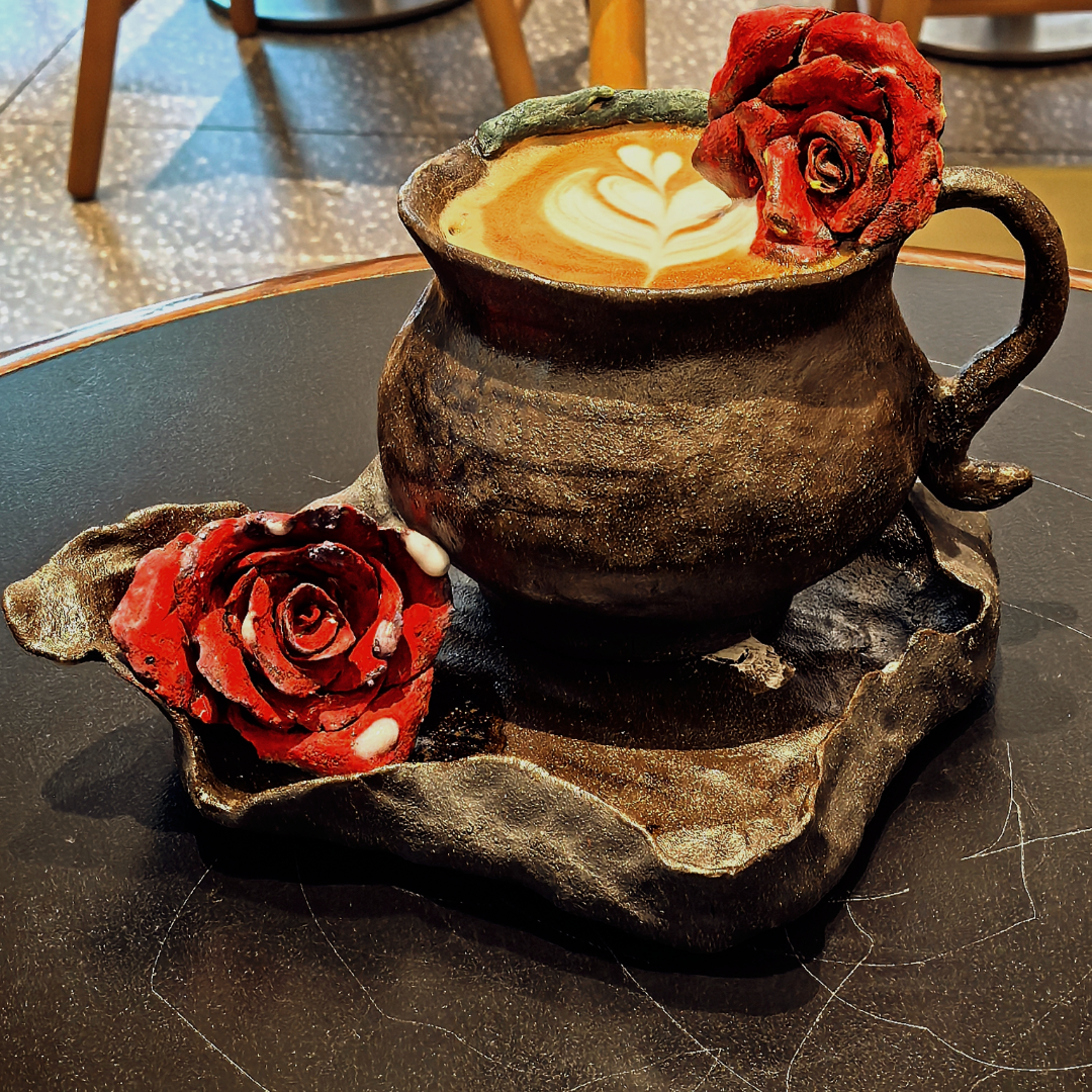 Wide Rose Handle Ceramic Mug Set (Customizable Base) - Handmade Ceramic