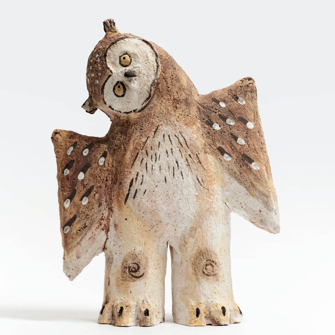 Wing-Spread Patterned Human-Legged Young Owl - Handmade Coarse Pottery