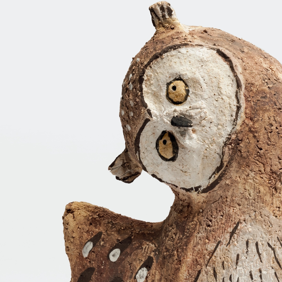 Wing-Spread Patterned Human-Legged Young Owl - Handmade Coarse Pottery