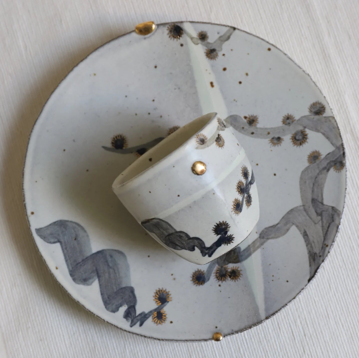 Branch Pattern Gold Accent Hand-Painted Cup & Saucer Set - Handmade Ceramic