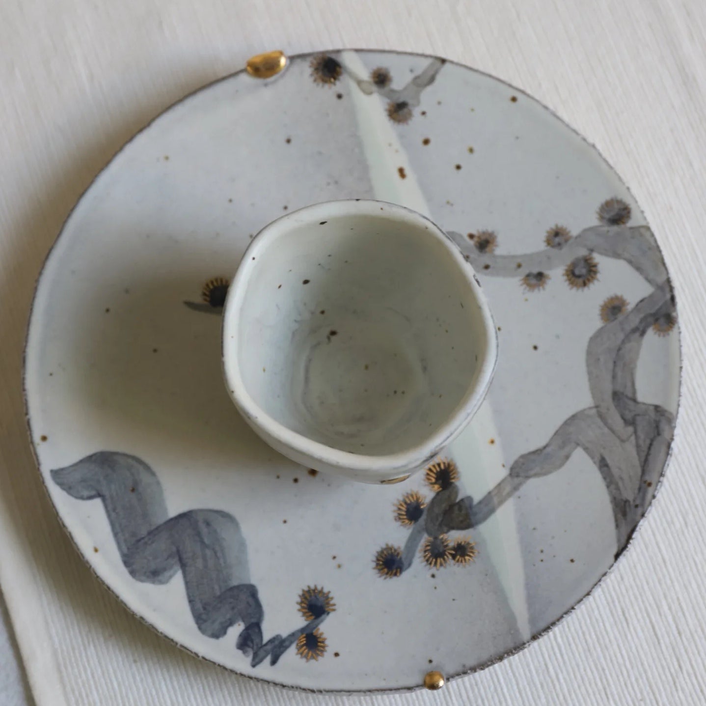 Branch Pattern Gold Accent Hand-Painted Cup & Saucer Set - Handmade Ceramic