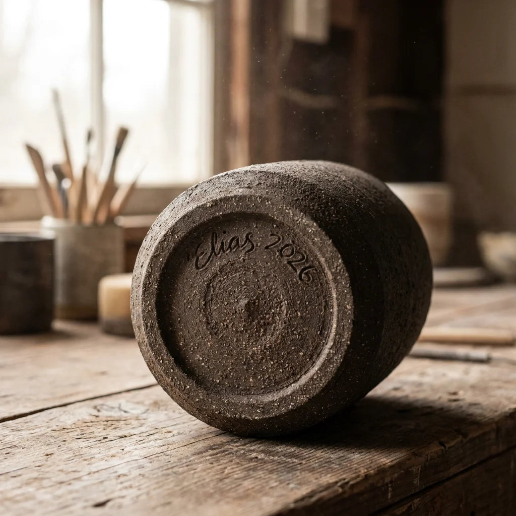 Elias 2026 hand-signed artisan provenance on Borealforest stoneware base