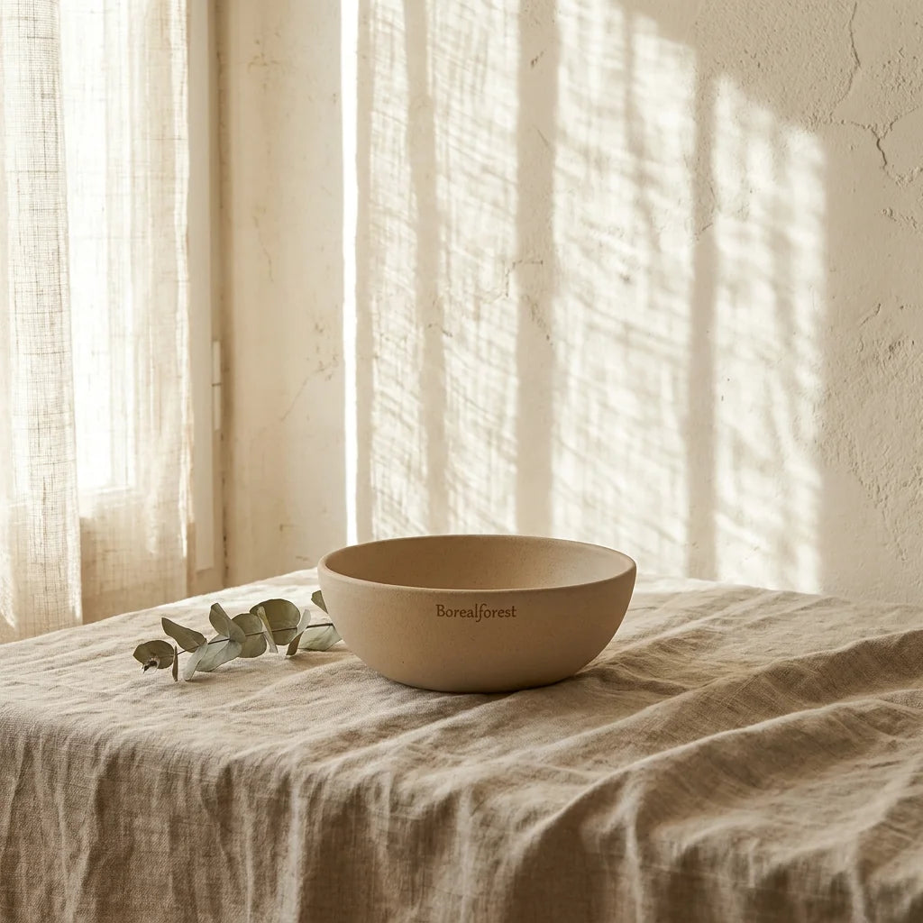 A beautiful Borealforest unglazed sand-colored ceramic bowl sitting on a heavily textured un-ironed Belgian flax linen tablecloth, bathed in soft morning window light