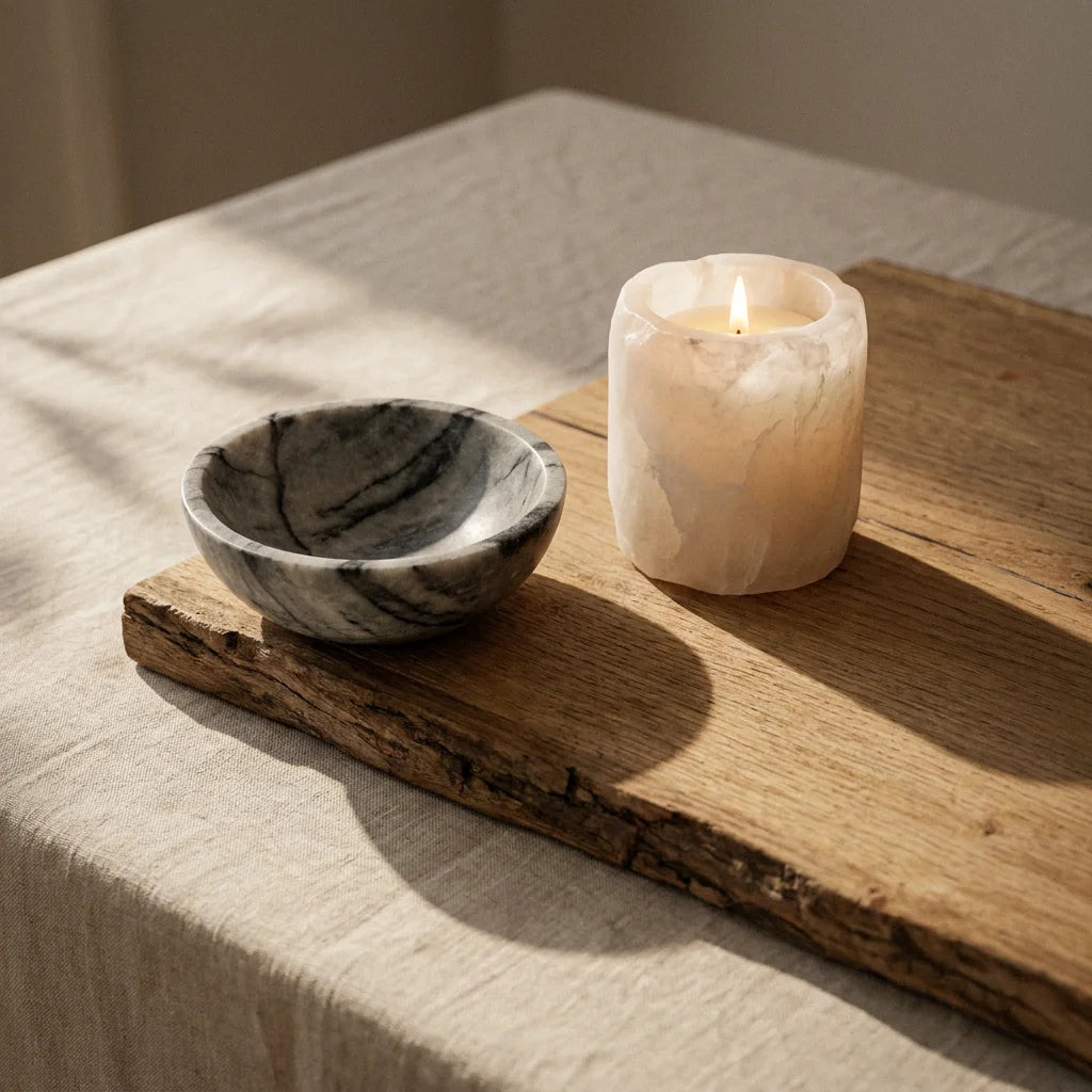 Raw hand-carved soapstone bowl and translucent alabaster candle holder on a live-edge oak table in morning sunlight