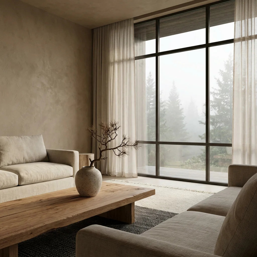A serene living room featuring hand-troweled warm plaster walls, a rough-grained cedar table with an unglazed ceramic vase, and a mist-shrouded boreal forest view