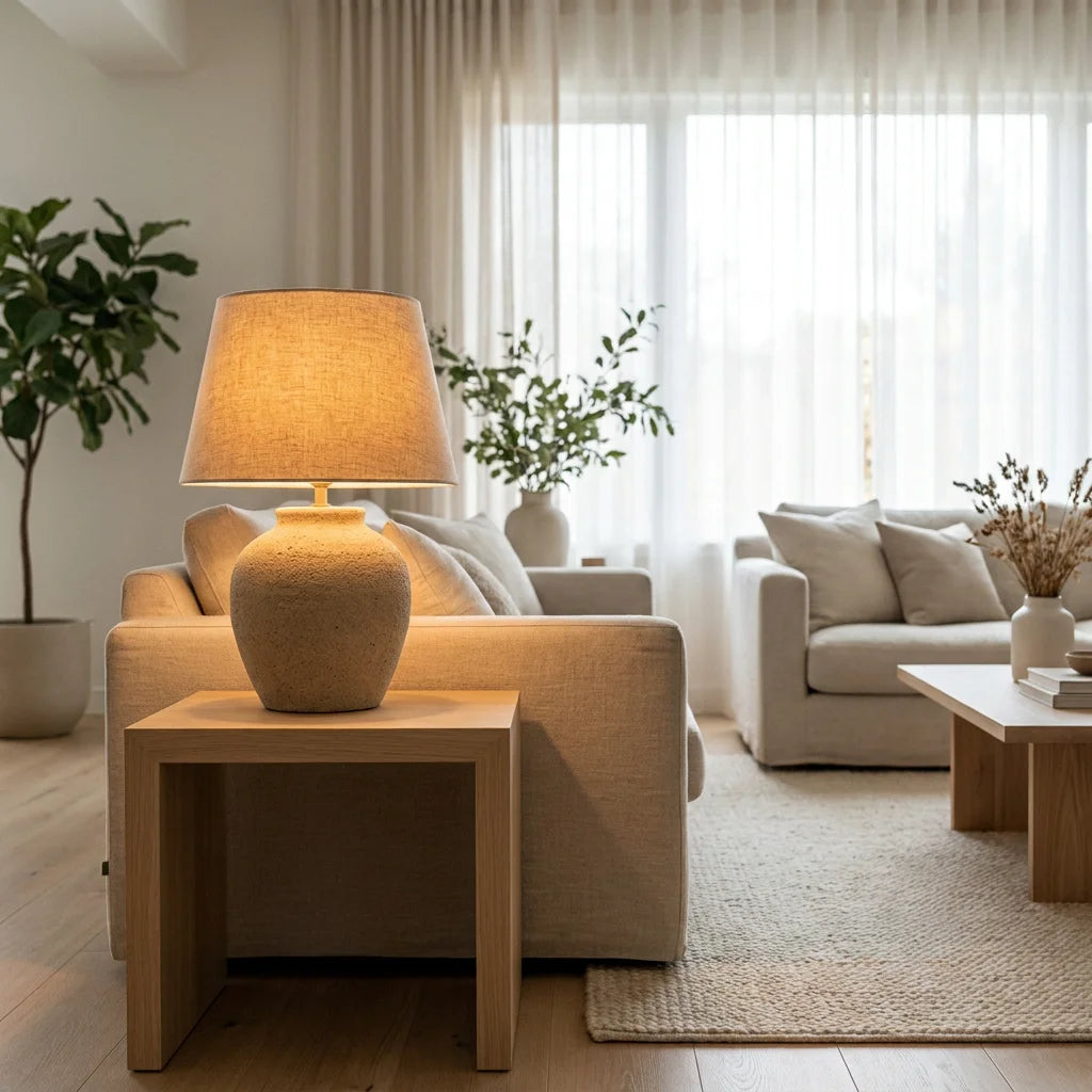 A handcrafted Borealforest table lamp with a coarse, unglazed sand-colored ceramic base and natural linen shade, resting on a white oak side table in a warm minimalist room