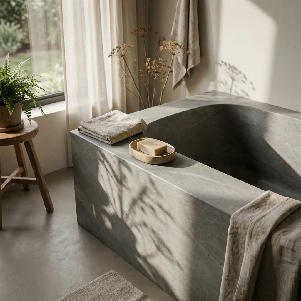 A custom-carved monolithic grey soapstone bathtub resting on a warm-grey concrete floor with an unglazed sand-colored ceramic soap dish on the ledge