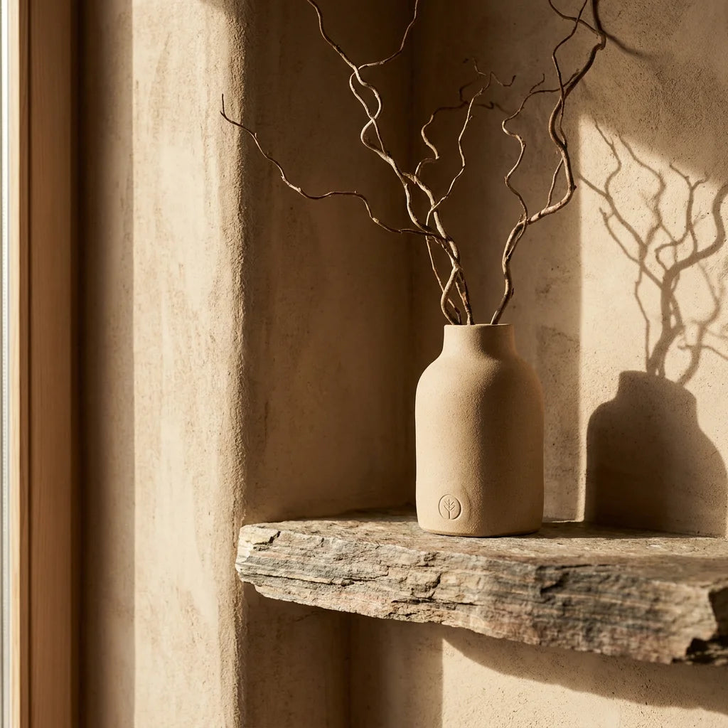 An unglazed Borealforest sand-colored ceramic vase holding dry branches resting on a rough-cut layered slate wall ledge against a soft raw clay plaster wall