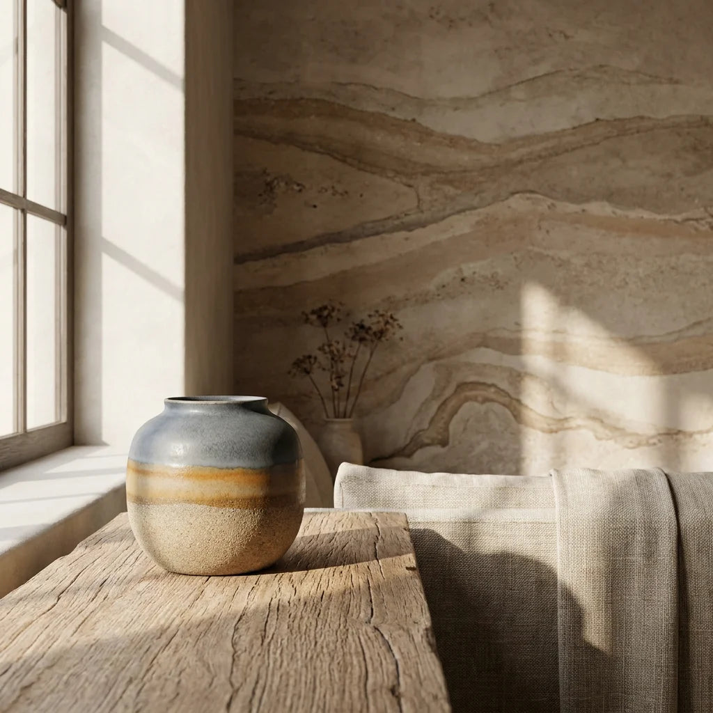 A close-up of a Borealforest unglazed ceramic vessel with layered sediment glaze on a raw oak console table in front of a layered clay plaster wall in soft morning window light