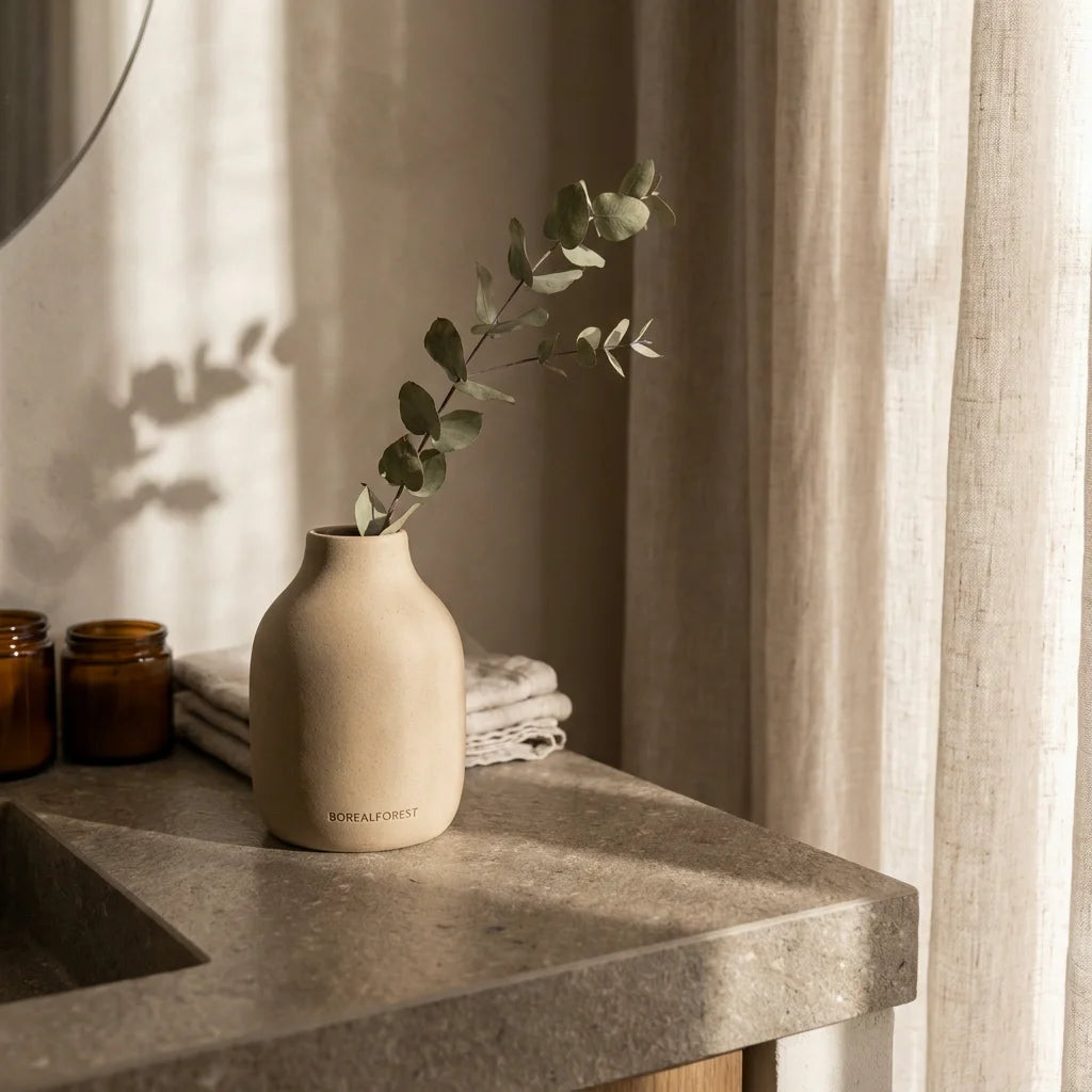 An unglazed sand-colored Borealforest ceramic vase with curved silhouette holding a branch of preserved green eucalyptus on a smooth stone vanity top