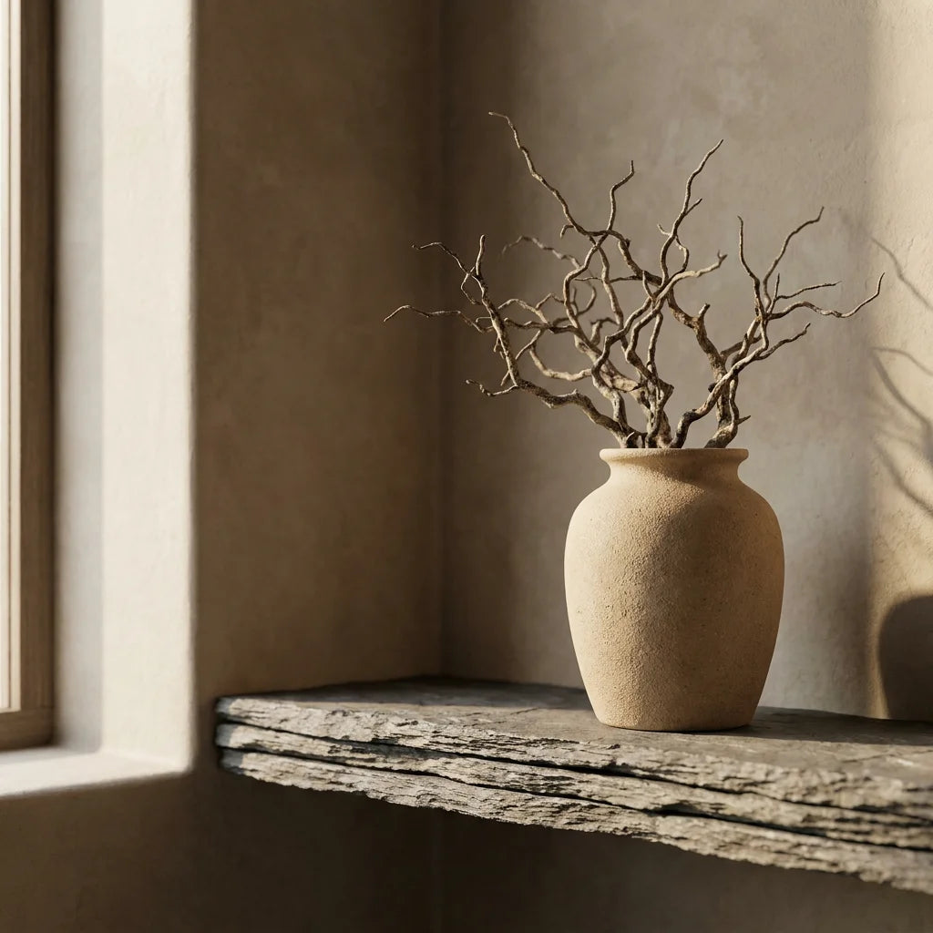 An unglazed sand-colored Borealforest ceramic vase holding dry branches resting on a rough-cut layered slate wall ledge against a soft raw clay plaster wall