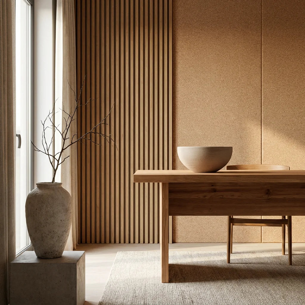 A warm minimalist study corner with natural cork acoustic wall panel, vertical slatted oak screen, solid cedar desk and unglazed Borealforest ceramic bowl and vase