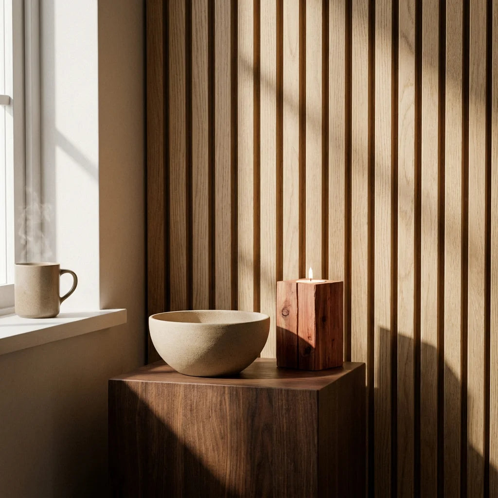 A warm minimalist study corner featuring a light white oak slatted wall panel, dark walnut block pedestal holding unglazed sand-colored Borealforest ceramic bowl and red-cedar wood blocks candle holder