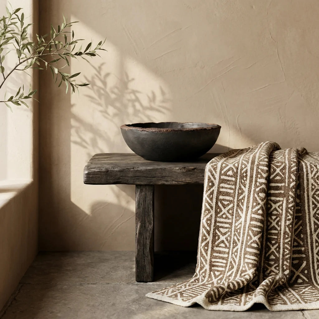 An unglazed dark iron-clay Borealforest ceramic bowl on a rough dark teak wood side table with a draped heavily textured organic ivory and brown patterned mud cloth fabric