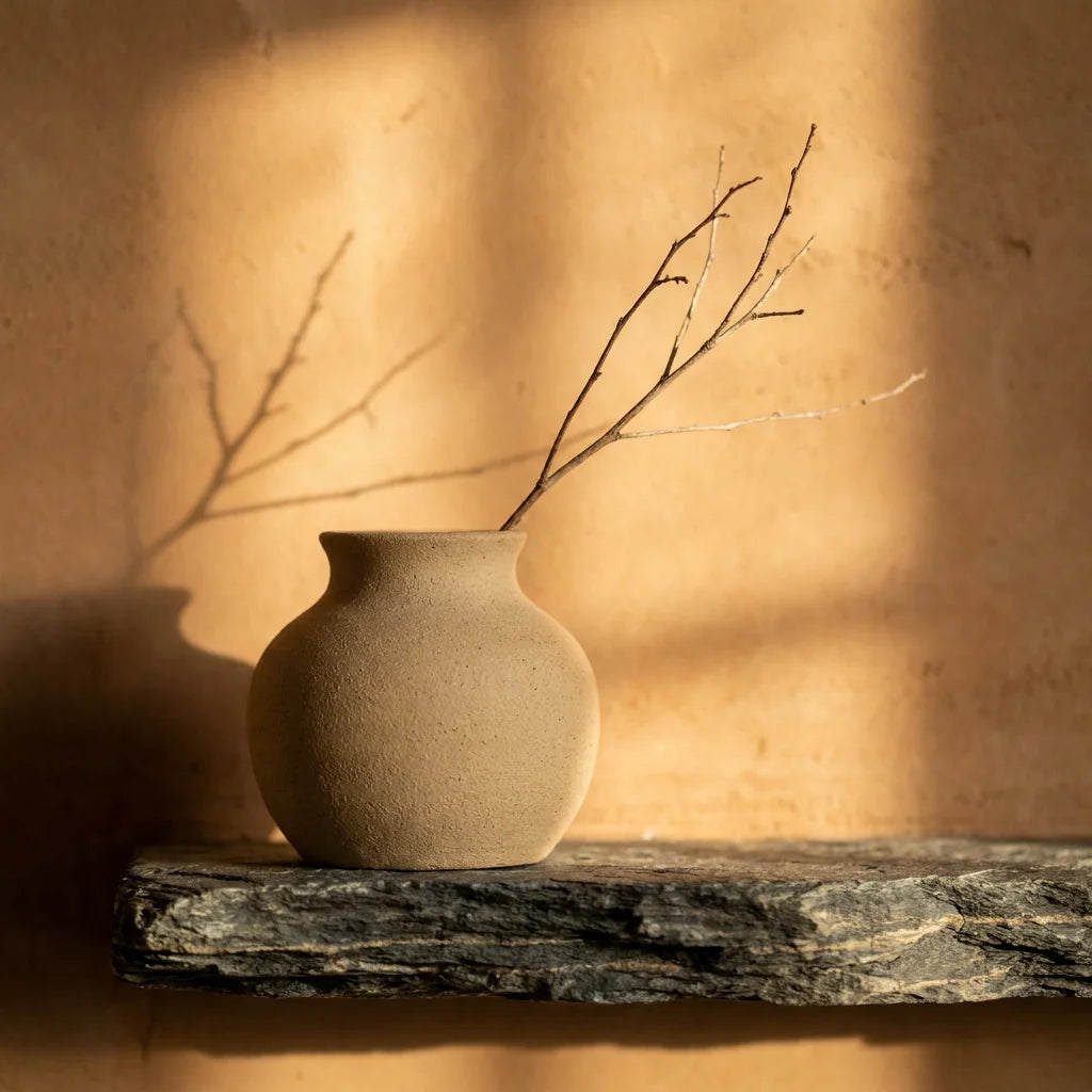 An unglazed sand-colored Borealforest ceramic vase holding a single dry twig resting on a rough-cut layered dark slate shelf against a soft raw clay plaster wall in sunset ochre tone