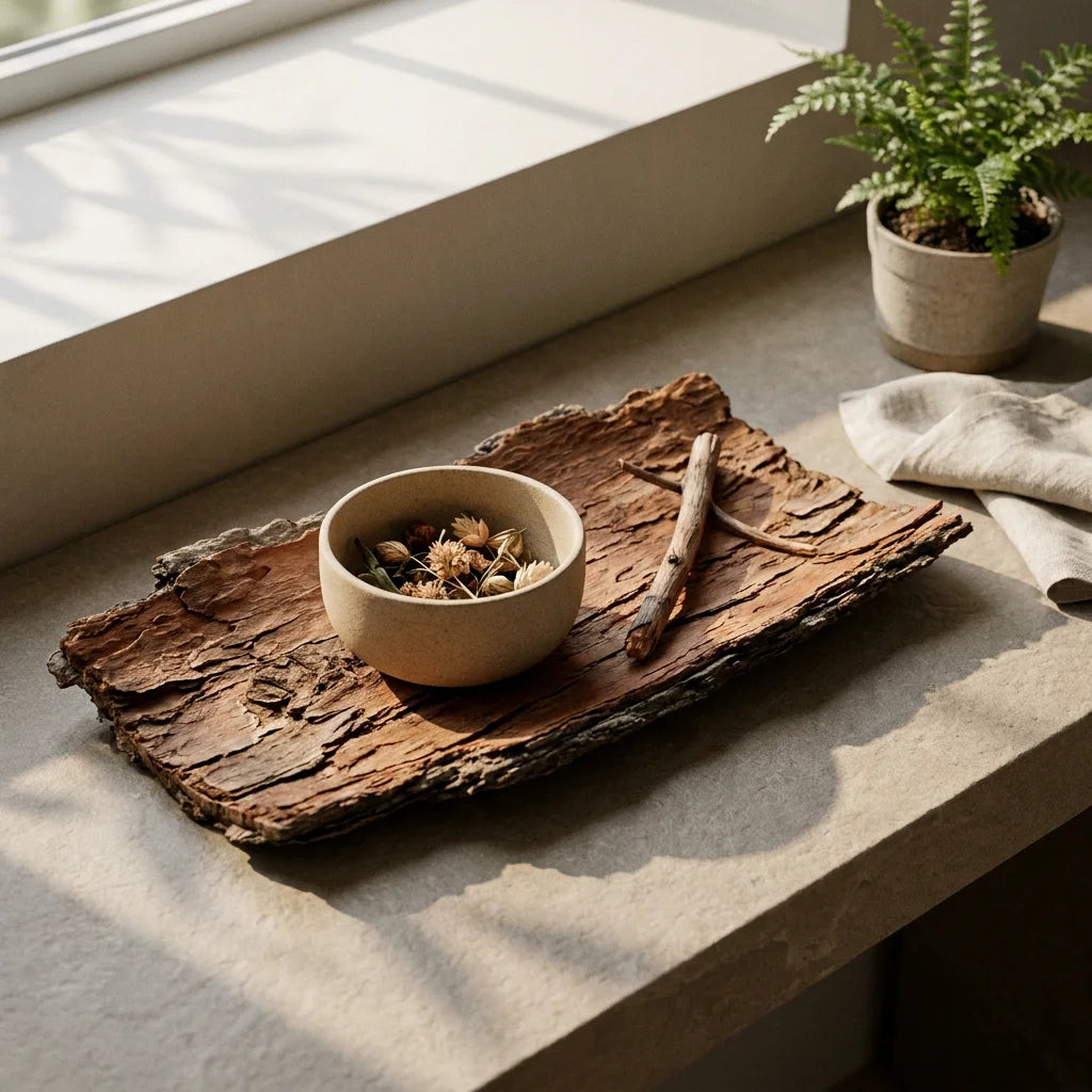 An unglazed sand-colored Borealforest ceramic bowl resting on a flat heavily textured sheet of preserved red cedar tree bark on a smooth stone console