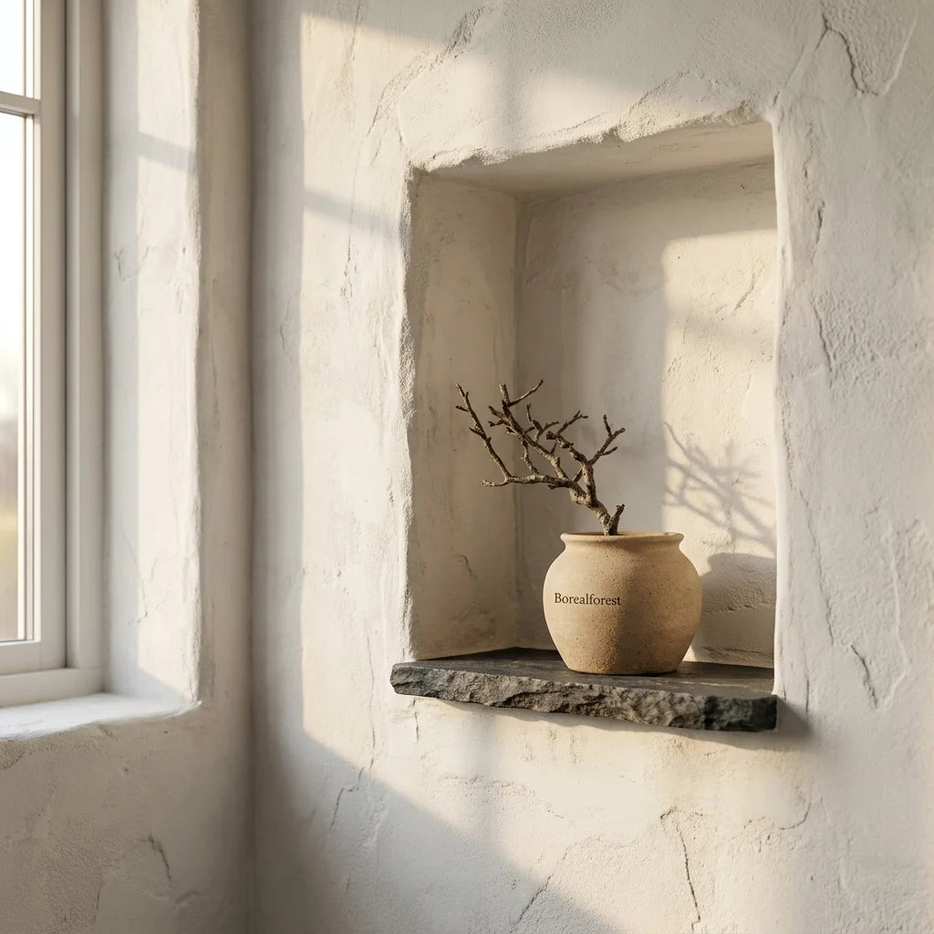 An unglazed sand-colored Borealforest ceramic pot resting on a rough-edged dark soapstone shelf inside a deeply recessed shelf of a heavily textured white lime plaster wall