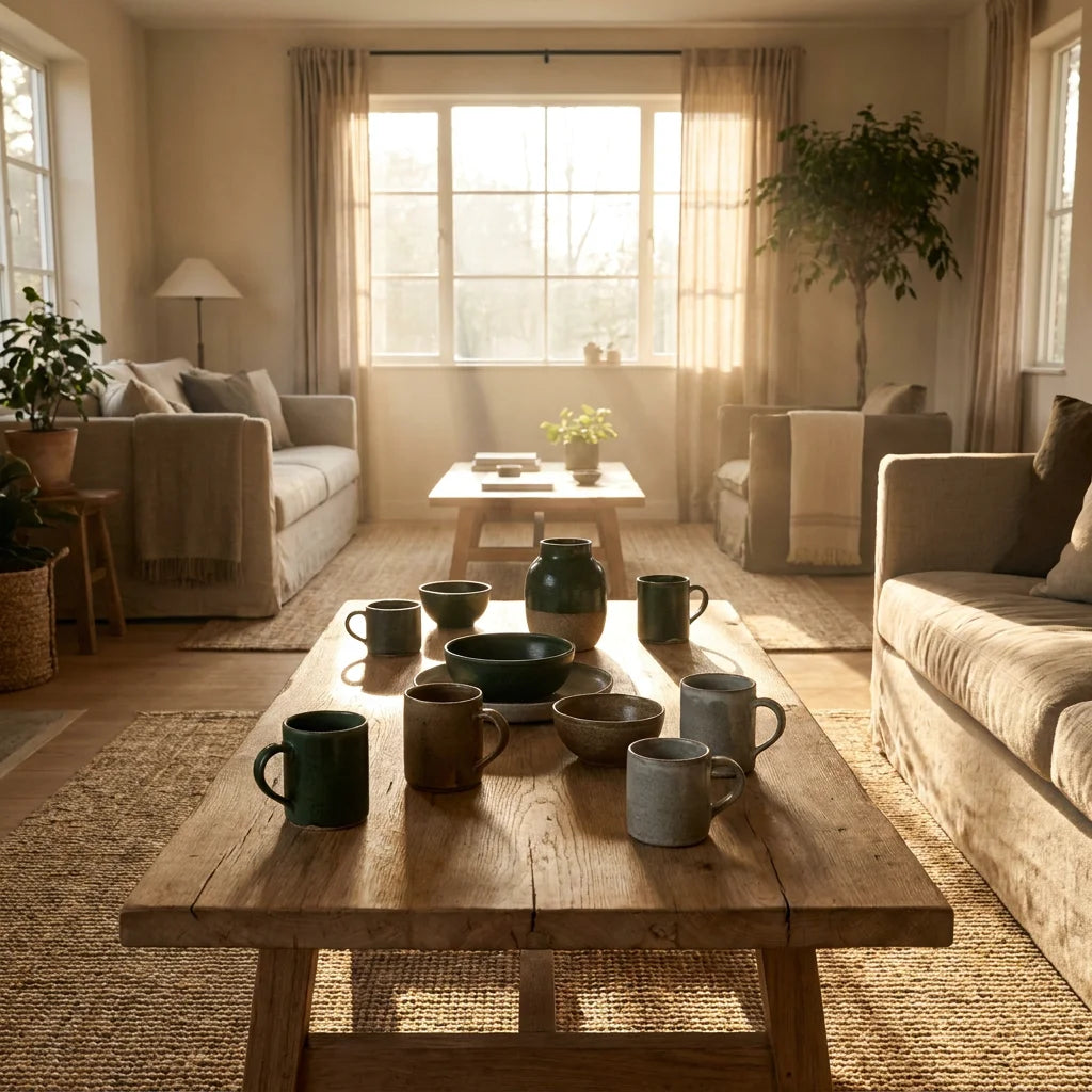 Borealforest handmade ceramic set in a warm minimalist sun-drenched living room - Sensory Richness 2026 trend