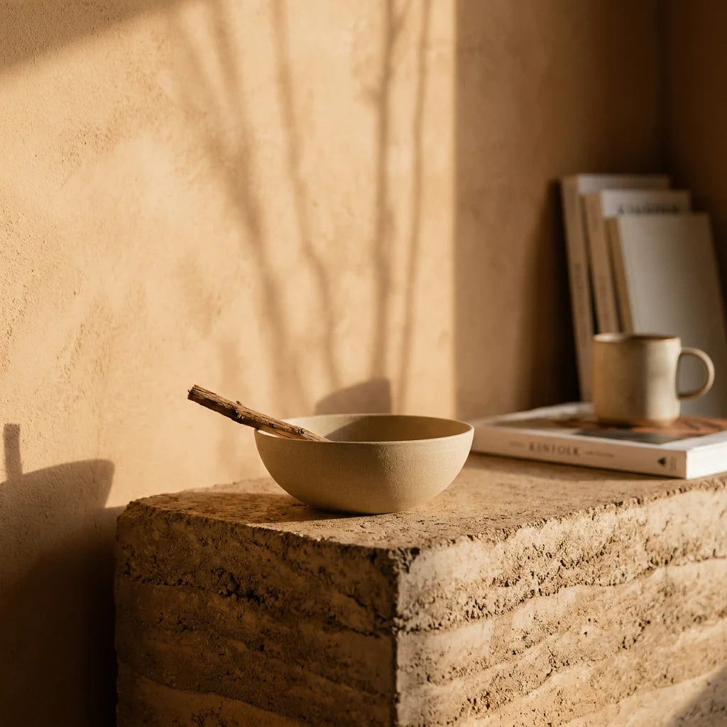 An unglazed sand-colored Borealforest ceramic bowl resting on a rough-edged layered rammed earth plinth table against a soft raw clay plaster wall in sunset ochre tone