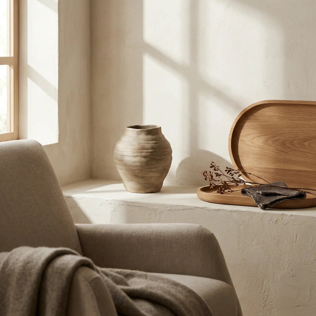 A close-up of a sculptural unglazed Borealforest ceramic vase with curved silhouette next to a rounded oak tray on a textured plaster mantelpiece in natural side light